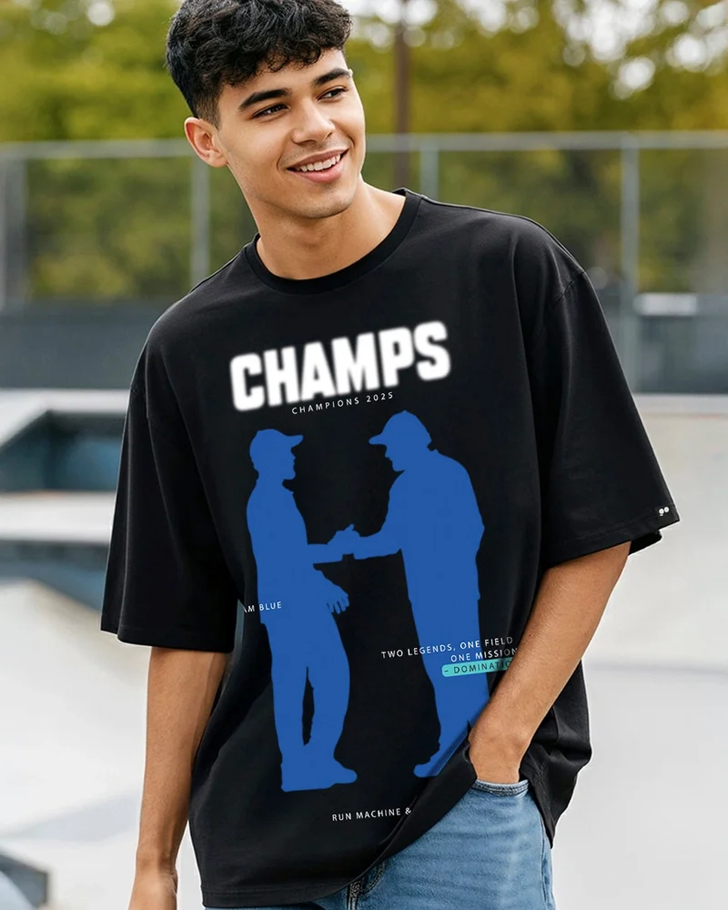 bewakoof Men's Jet Black Champ Graphic Printed Oversized T-shirt